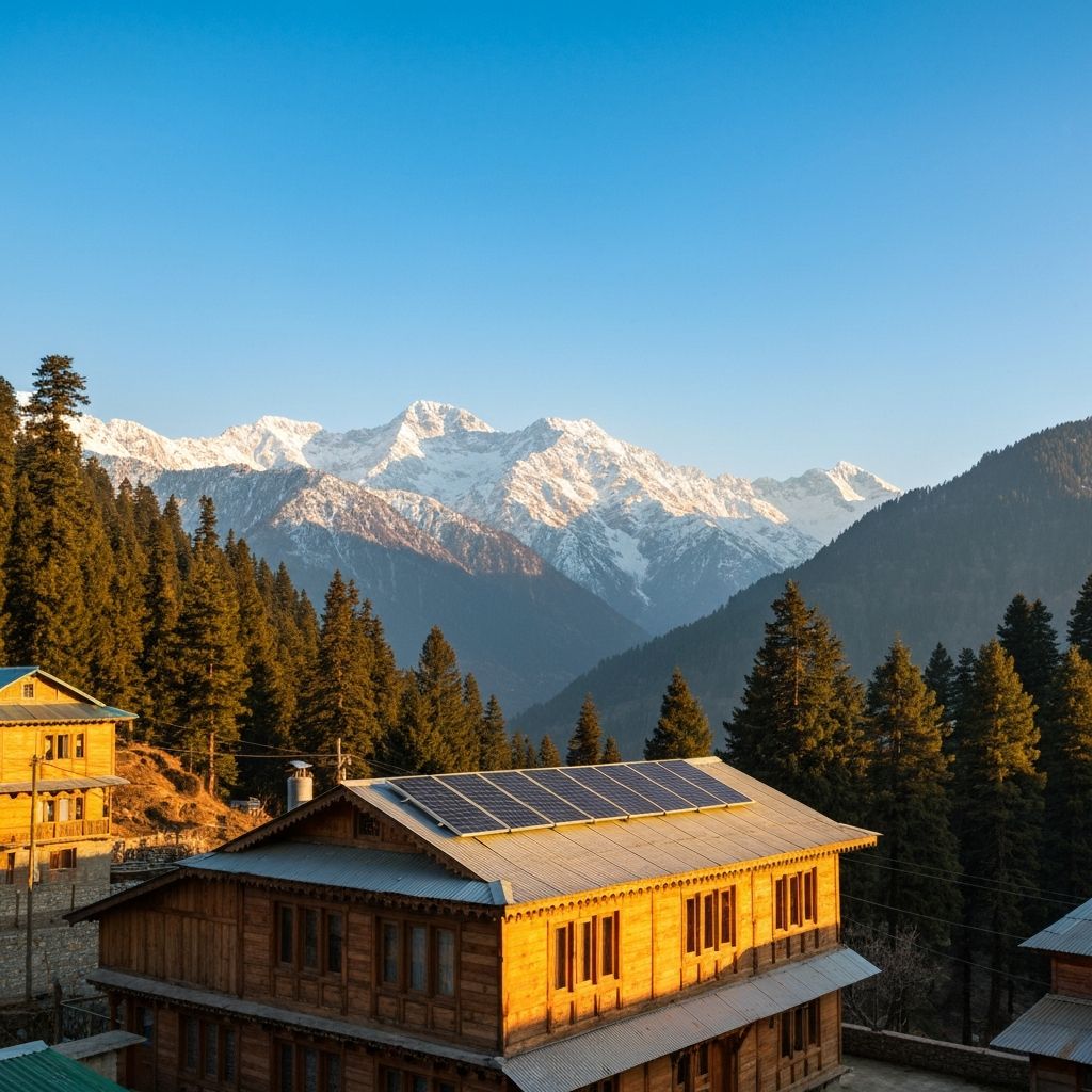Traditional Himachali home with rooftop solar panels at golden hour, Himalayan mountains in the background